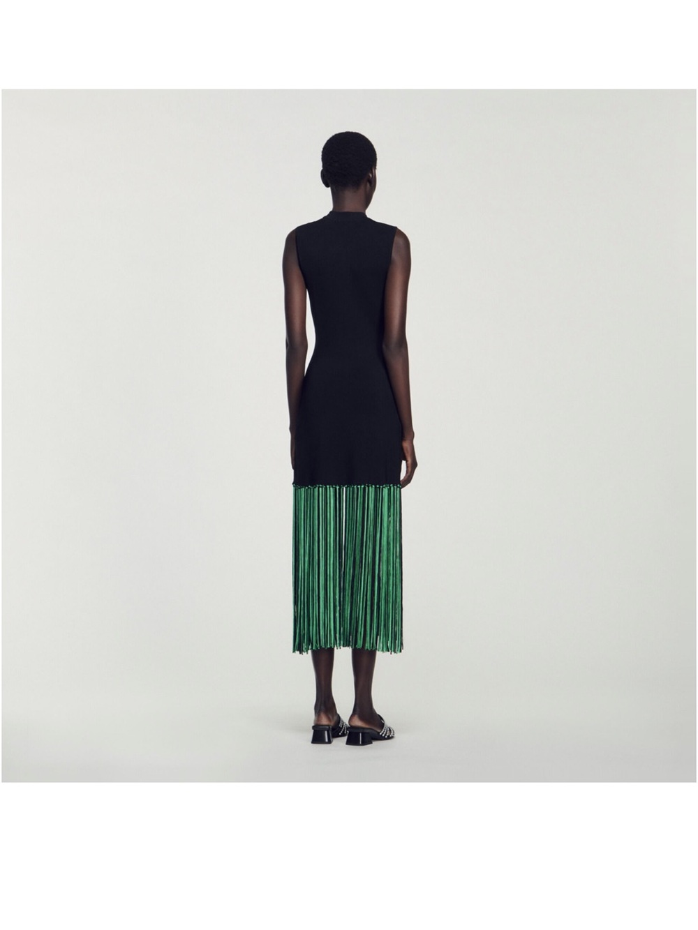 Sandro Black Sleeveless Maxi Dress with Green Fringe - Picture 4 of 5